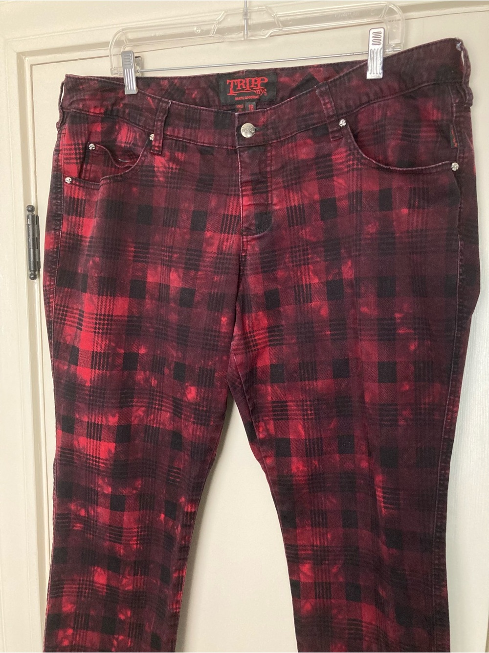 Tripp NYC red plaid distressed tie dye pants jeans Punk grunge goth size 18 - Picture 3 of 16